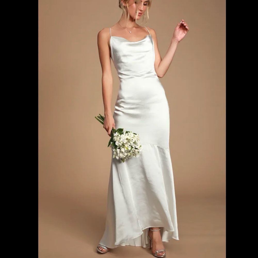 Lulu’s Elliot White Cowl Neck Open Back Satin Dress